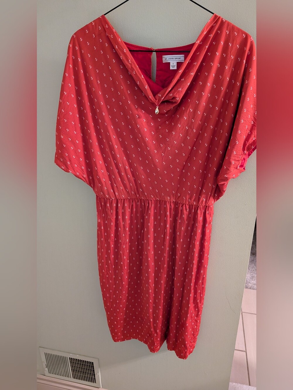 St John Sport Dress Sz 8 Drape Neck Silk Waist Knee Length Red Printed Anchors